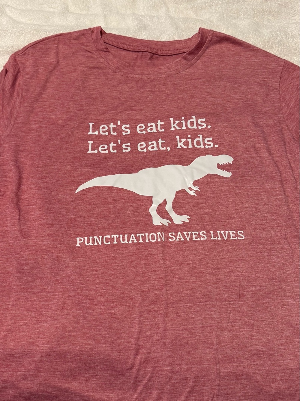 SHEIN Red Graphic Tee with White T-Rex and Punctuation Slogan
